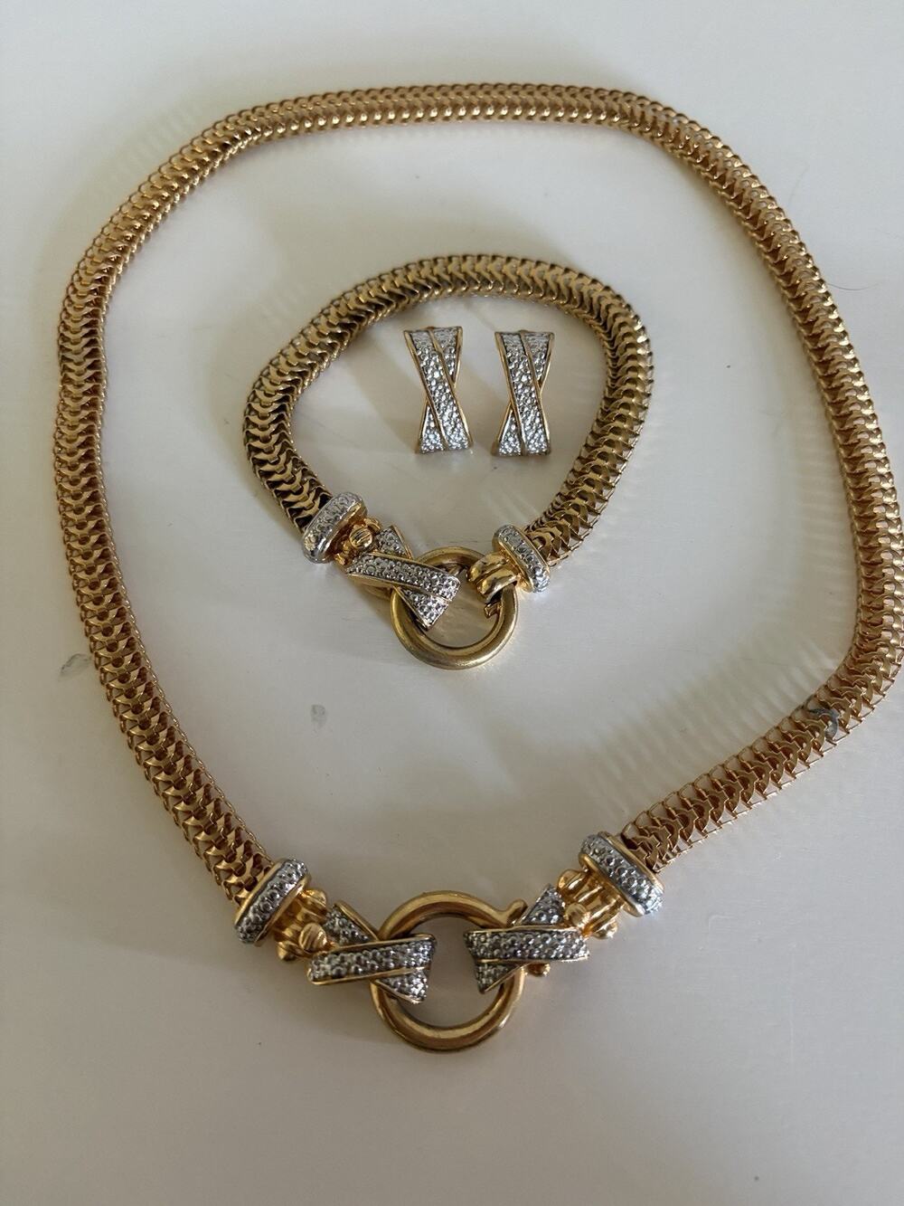 Vintage Gold Tone XO Rhinestone Serpent Bracelet Necklace Complete AVON